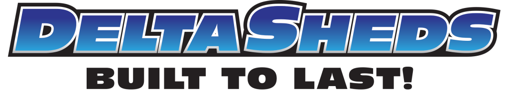 Link to home page. The image features the logo for "Delta Sheds." The text "DELTA SHEDS" appears in bold blue letters with a gradient effect, and "BUILT TO LAST!" is written below in black. The background is white.