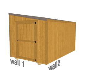 A 3D illustration of the Lean-To - 3120 shed with a slanted roof, labeled "wall 1" (with door) and "wall 2." Features vertical wooden panels and metal hinges.