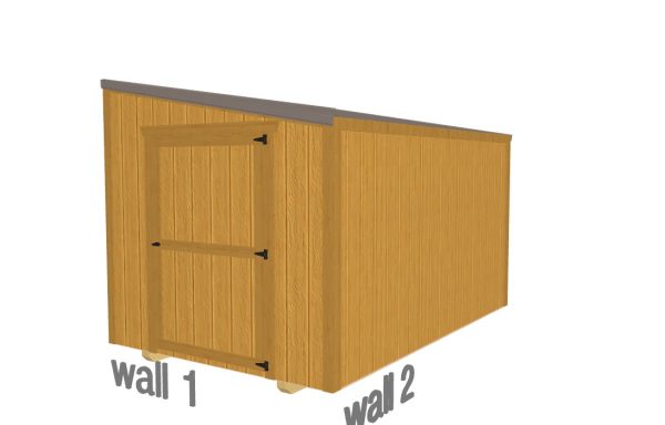 A 3D illustration of the Lean-To - 3120 shed with a slanted roof, labeled "wall 1" (with door) and "wall 2." Features vertical wooden panels and metal hinges.